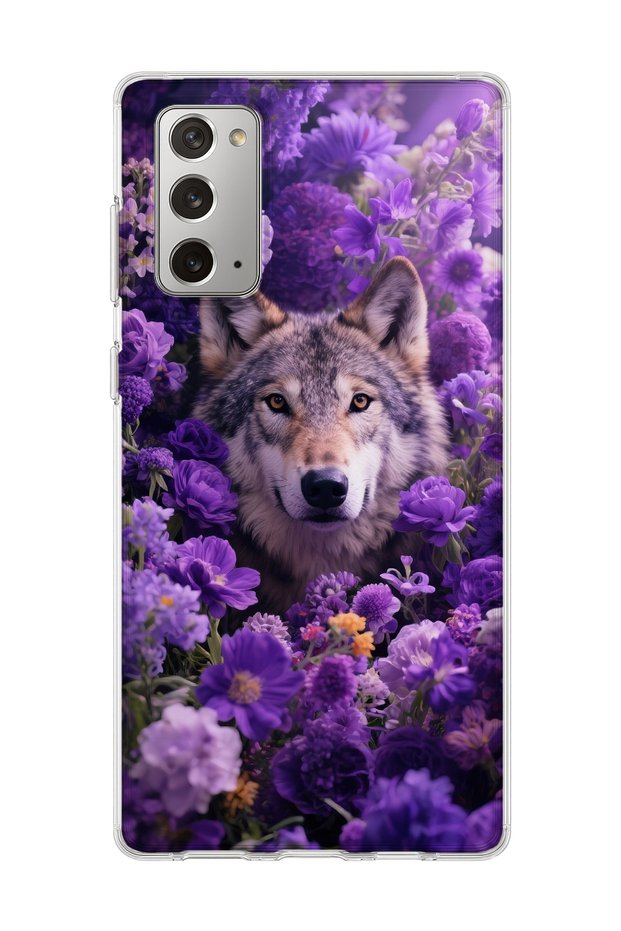 Samsung Galaxy Note 20 Compatible Wolf and Purple Flower Printed Transparent Phone Case
