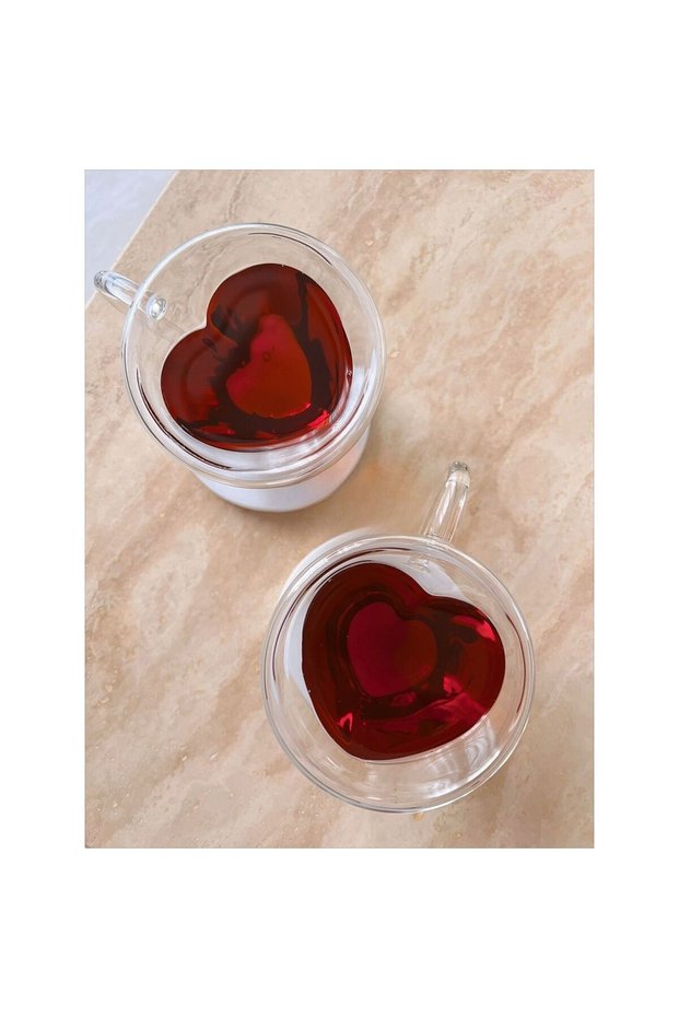 Cuore Heart-Shaped Double-Walled Glass Mug Set of 2 – Heat-Resistant Tea and Coffee Cup with Handle 180 Ml, Gift for Lovers
