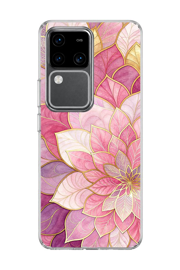 Vivo V30 5g Compatible Pink Gold Lotus Printed Transparent Phone Case
