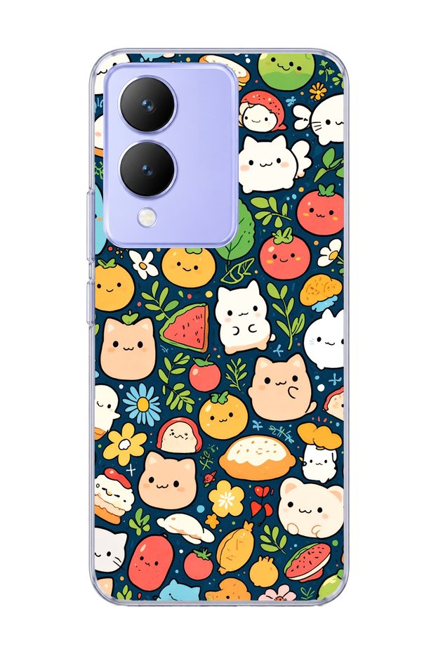 Vivo Y17S Compatible Cat Fruit Navy Blue Printed Transparent Phone Case