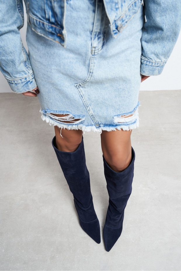 Ravena Navy Blue Suede Leather Pointed Toe Short Heeled Women's Boots