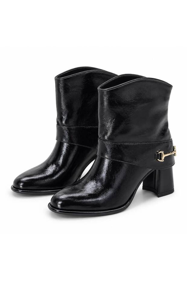 Women's Ankle-Length Boots with Metal Accessories and Block Heels