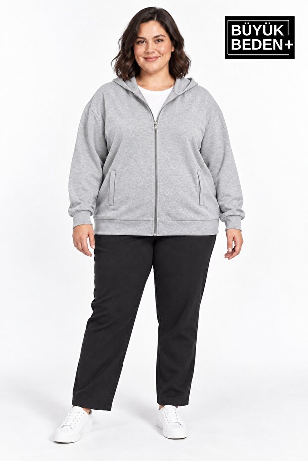 Women's Large Size Zippered Hooded Pocket Sweatshirt Cardigan Comfortable Fit Spr26Bhrk961
