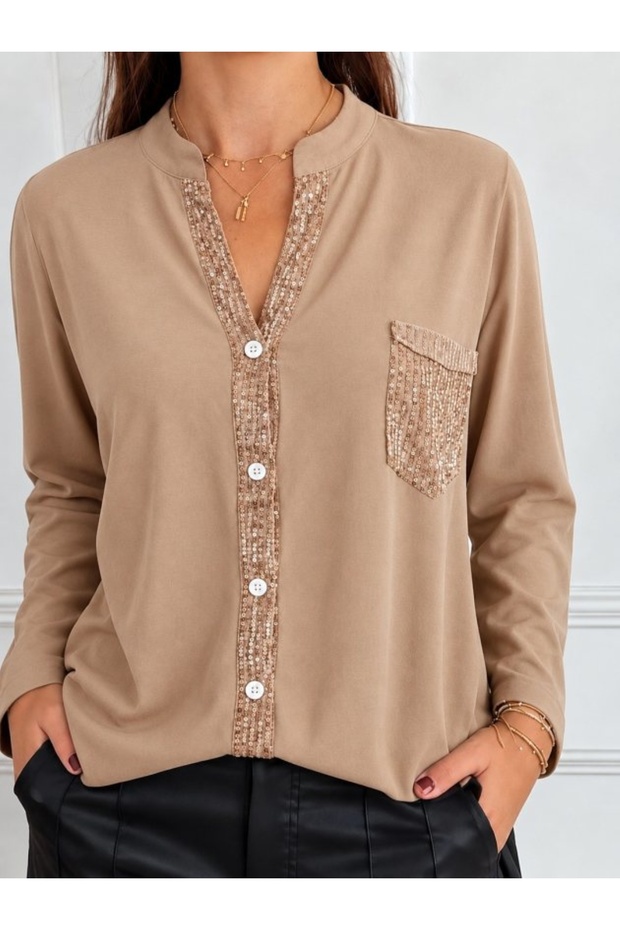 Women's Long Sleeve Court Collar Front Buttoned Sequin Embroidered Pocket Detailed Casual Viscose Blouse