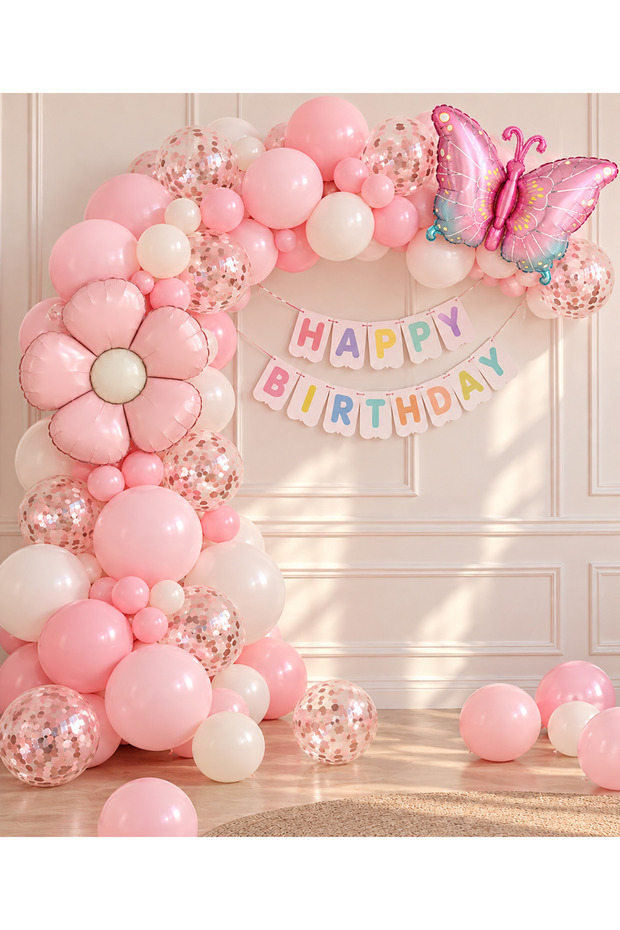 Party Pink Butterfly and Daisy Foil Balloon Birthday Decoration Set 39 Pieces