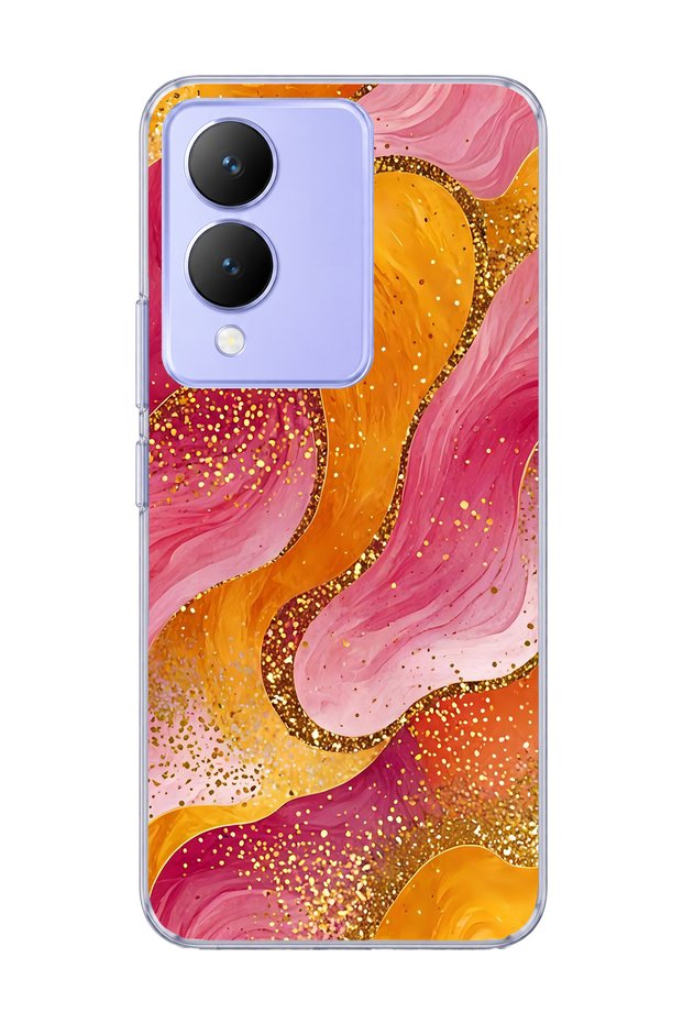 Vivo Y17S Compatible Gold Glitter Wave Printed Transparent Phone Case