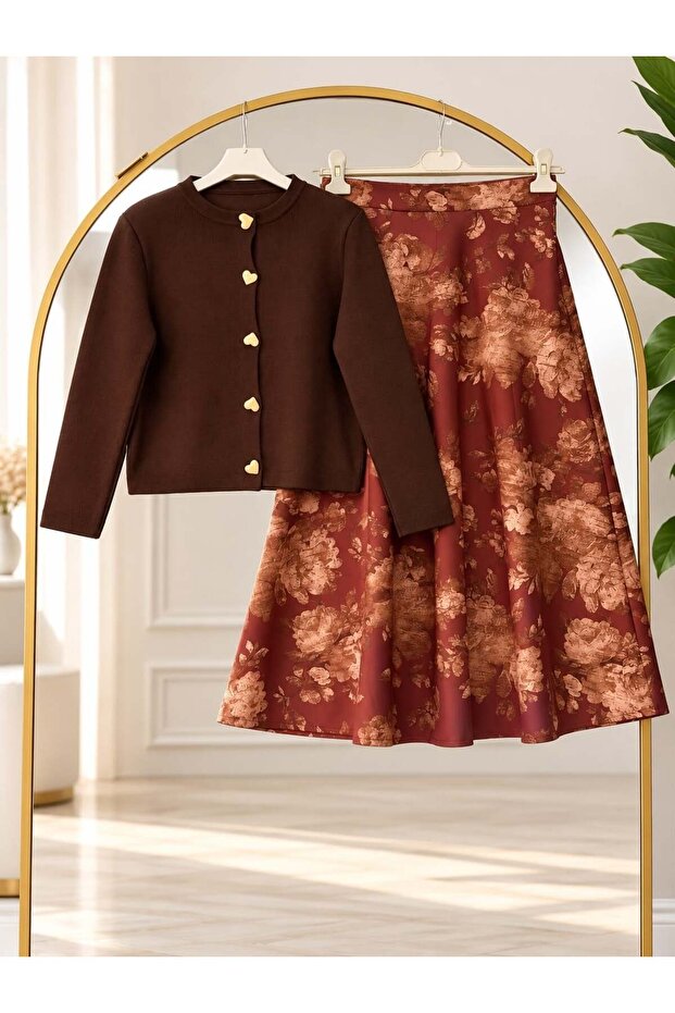 Women's hijab gold heart button detailed floral patterned skirt set brown
