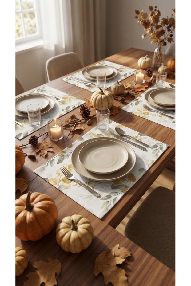 4-Piece Duck Fabric Placemat Set 33X44 cm – Eucalyptus Leaf and Branch Pattern, Stain-Resistant, Water-Resistant Decorative Placemat