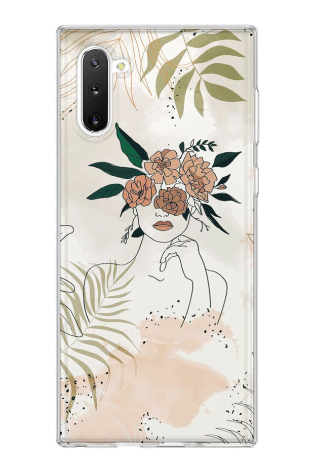 Samsung Galaxy Note 10 Compatible Flower Headed Woman Drawing Printed Transparent Phone Case