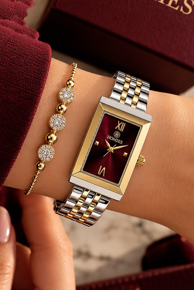 Rectangular Case Gold Silver Claret Red Women's Wristwatch - 3Atm Water Resistant Steel Band Japanese Movement Gift Special Box Ghmb3021C3