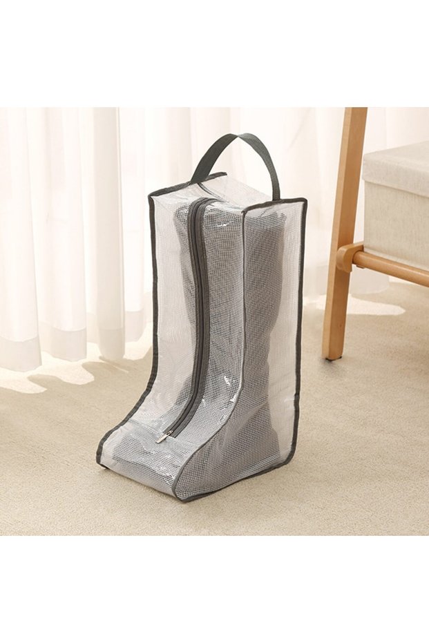 Grey Long Shoes Dust Cover Mesh Transparent Shoe and Boot Storage Bag with Zipper Portable Travel Du