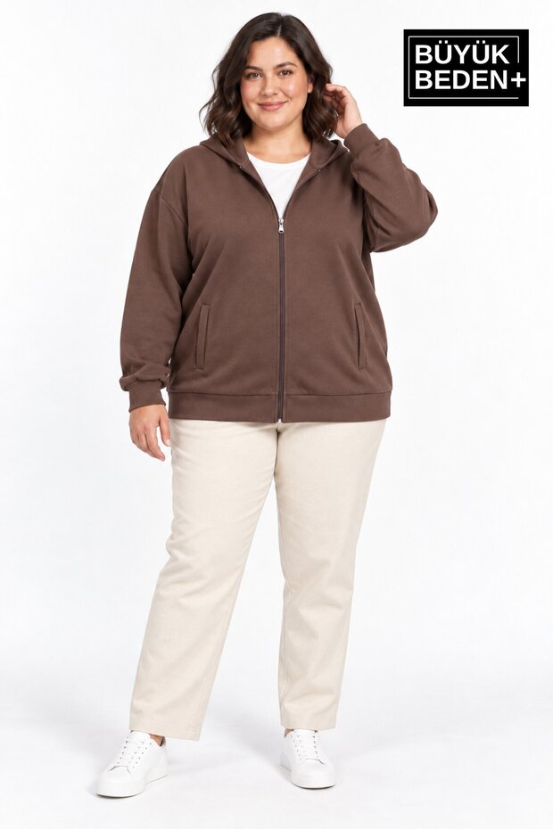 Women's Large Size Zippered Hooded Pocket Sweatshirt Cardigan Comfortable Fit Spr26Bhrk961