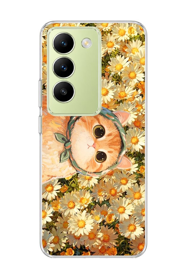 Vivo V30 Lite 4g Compatible Orange Cat Daisy Printed Transparent Phone Case with Scarf