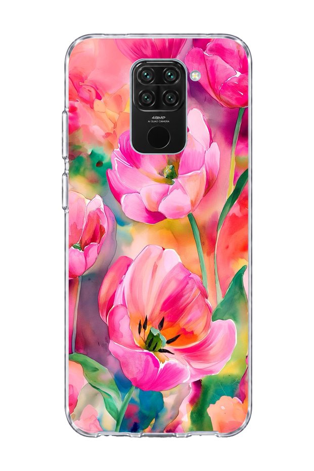 Redmi Note 9 Compatible Pink Tulip Printed Transparent Phone Case