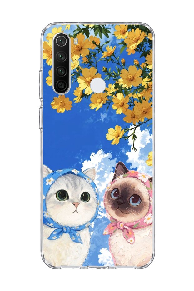 Redmi Note 8 Compatible Cats with Scarf Yellow Flower Printed Transparent Phone Case