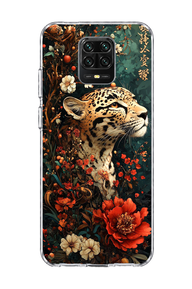 حافظة هاتف شفافة متوافقة مع Redmi Note 9 Pro مطبوعة بزهرة حمراء على شكل نمر