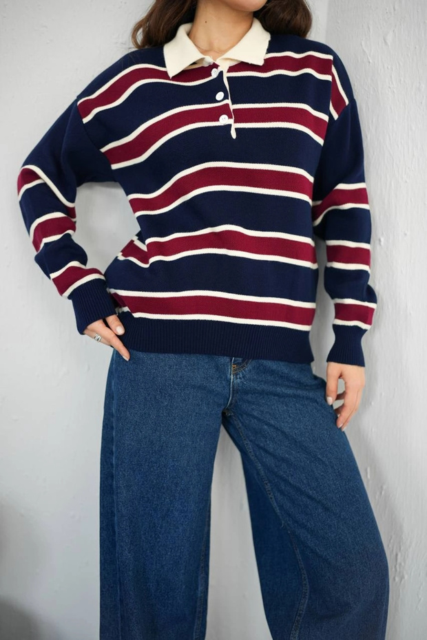 Women's Blue Striped Polo Collar Buttoned Long Sleeve Comfortable Fit Oversize Knitwear Sweater