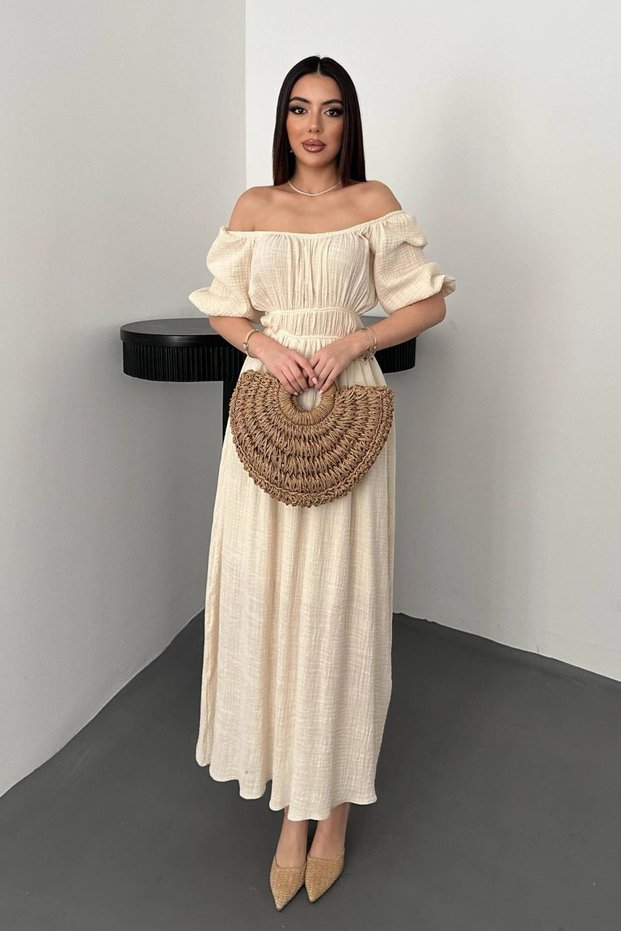 Women's Beige Madon Collar Off Shoulder Elastic Waist Short Balloon Sleeve Linen Fabric Maxi Dress