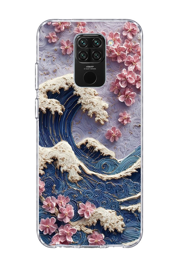 Redmi Note 9 Compatible Wave and Cherry Blossom Printed Transparent Phone Case