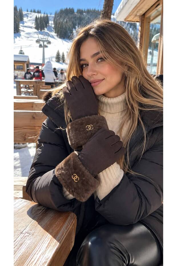 Brown Ankle Fur Touchscreen Suede Women's Gloves