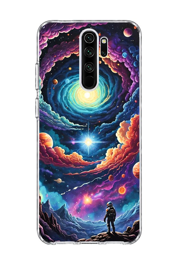 Redmi Note 8 Pro Compatible Galaxy Swirl Astronaut Printed Transparent Phone Case