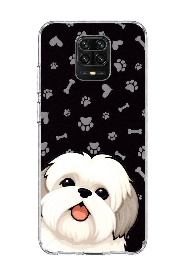 Redmi Note 9 Pro Compatible White Dog Black Paw Printed Transparent Phone Case