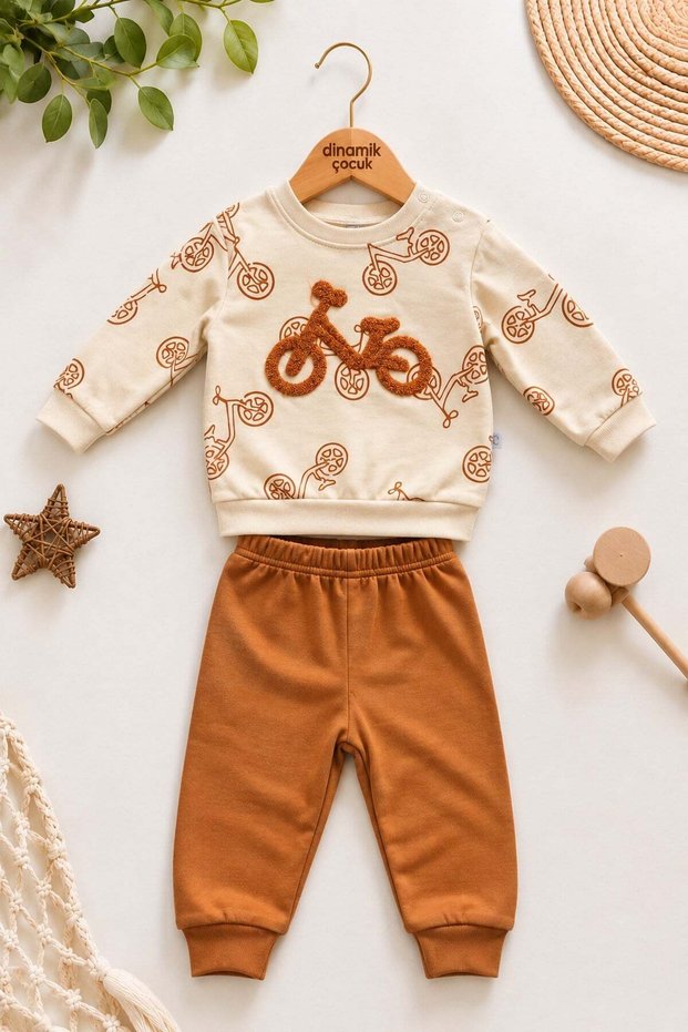 Boy's embroidered sweatshirt and sweatpants 2-piece set with bicycle design for 3-6-9-12 months