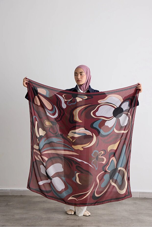 140X140 Palette Patterned Cotton Shawl Scarf Burgundy