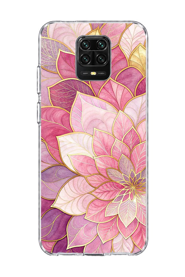 Redmi Note 9 Pro Compatible Pink Gold Water Lily Printed Transparent Phone Case