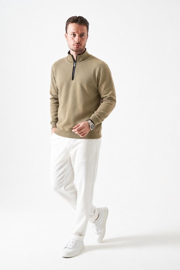 Men's Olive Stand Collar Half Zipper Abbate Model Thessaloniki Sweatshirt