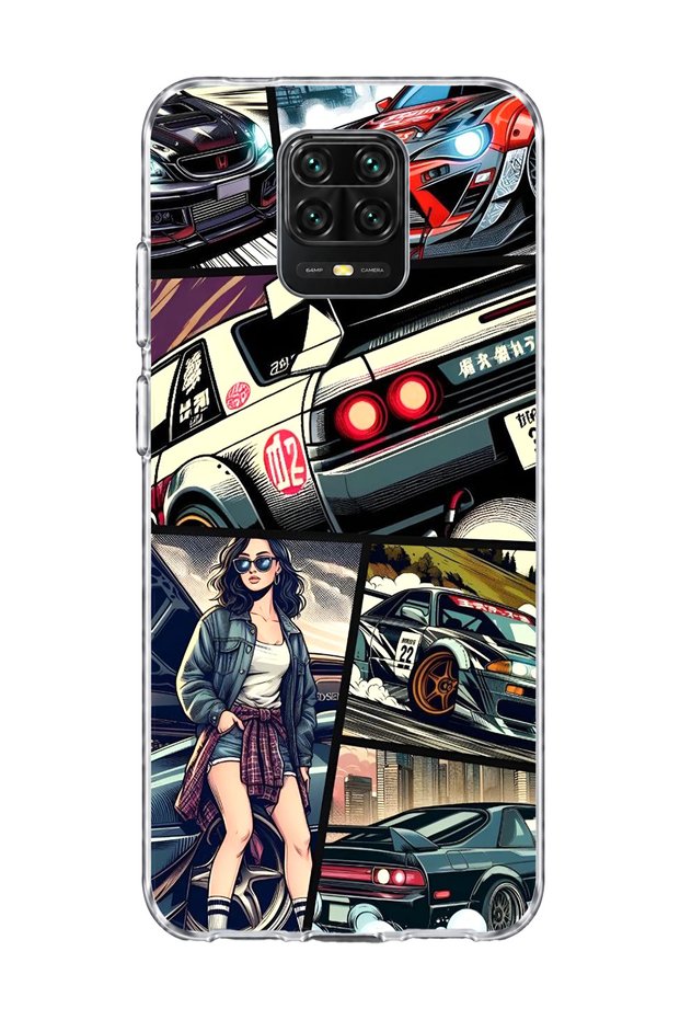 Redmi Note 9 Pro Compatible Racing Car Comic Printed Transparent Phone Case