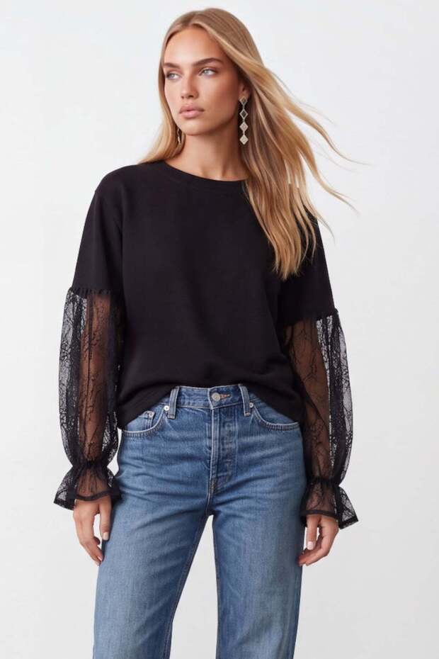 Women's black crew neck blouse with ruched sleeves alc-x15912
