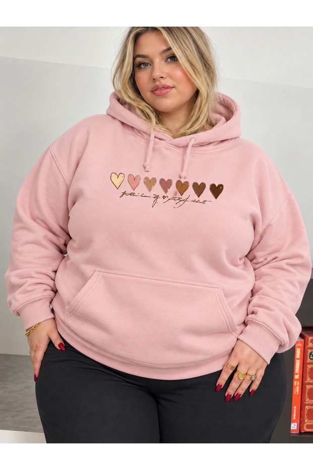 Women's Plus Size Oversize 3 Thread Hooded Sweatshirt Heart Printed Pink Hoodie