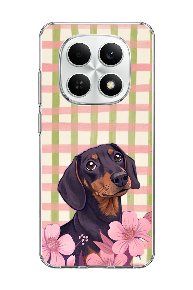 Redmi Note 15 4g Compatible Sausage Dog Pink Plaid Printed Transparent Phone Case