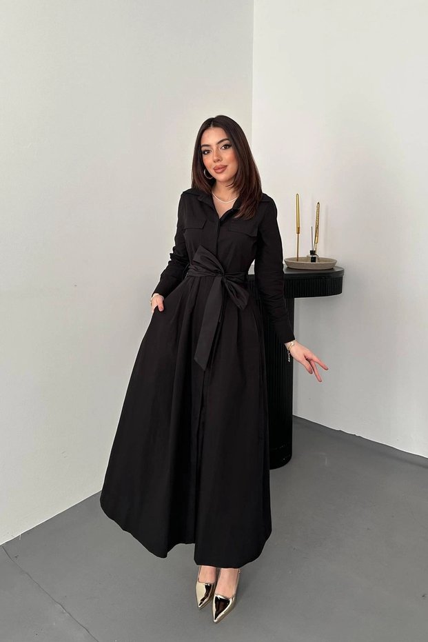 Women's Black Shirt Collar Belted Waist Long Sleeve Pocketed Buttoned Flared Maxi Dress
