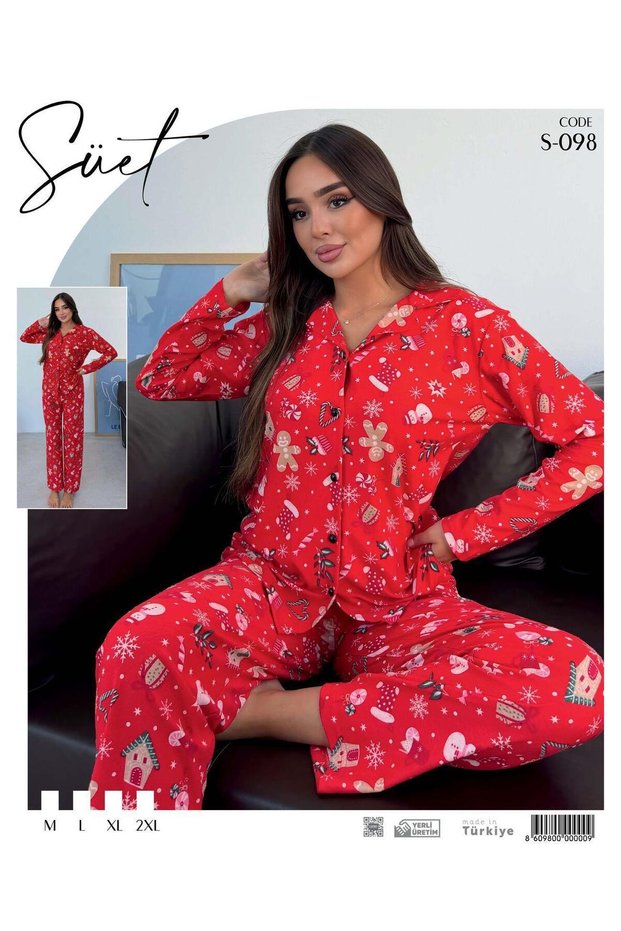 Women's Christmas Cookie Red Buttoned Suede Fabric Pajama Set