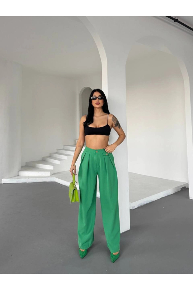 High Waist Wide Leg Flowy Fabric Trousers-Green - Green