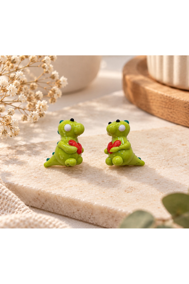 Handmade Murano Glass Green Heart Dinosaur Beads (2 Pieces)