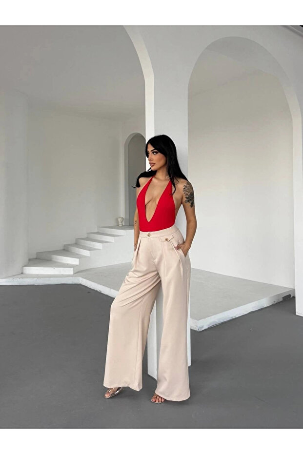 High Waist Wide Leg Flowy Fabric Trousers-Beige - Beige