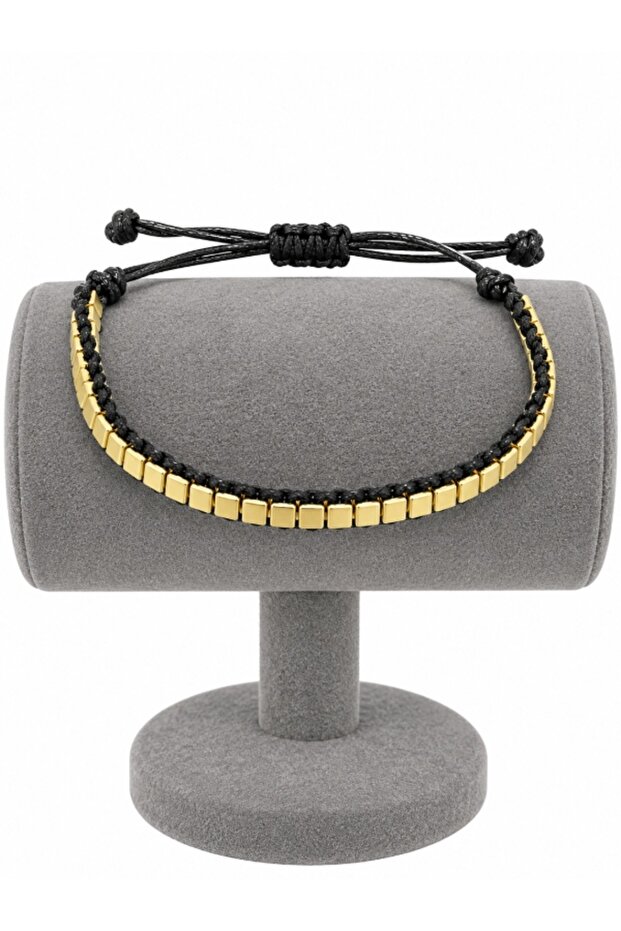 Black String Square Beaded Gold Color Adjustable Women's Bracelet