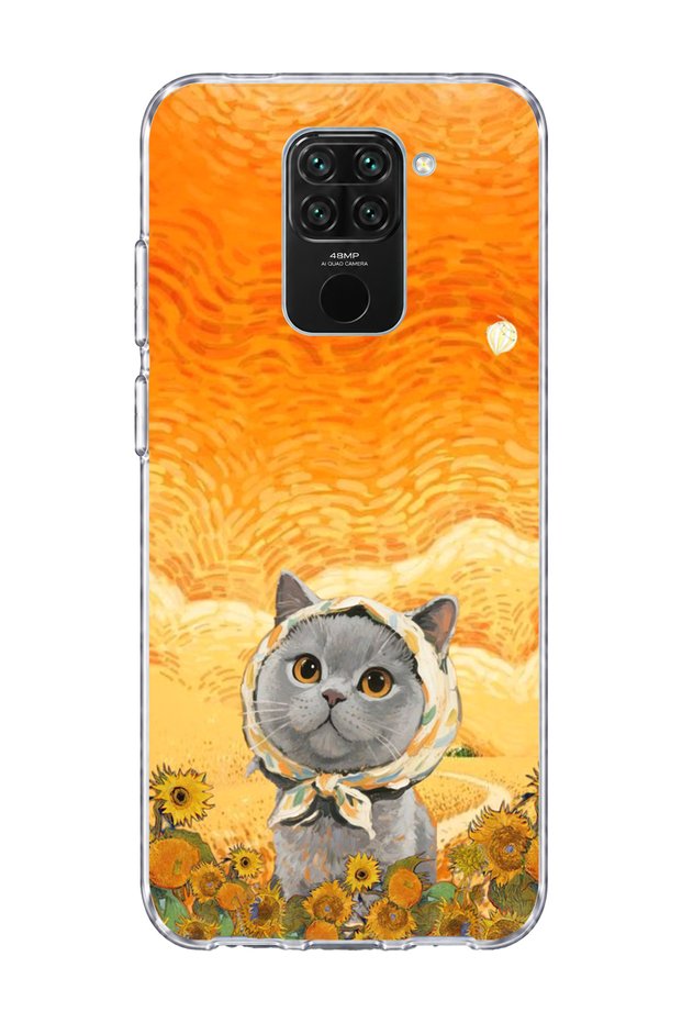 Redmi Note 9 Compatible Transparent Phone Case with Gray Cat and Sunflower Print and Scarf