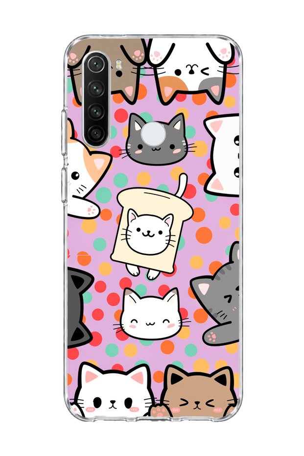 Redmi Note 8 Compatible Cats Polka Dot Purple Printed Transparent Phone Case