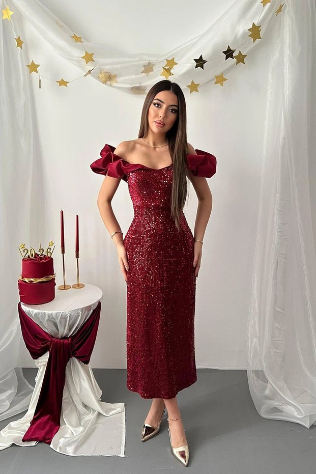 Women's Burgundy Sequined Off-Shoulder Ruffle Sleeve Detailed Midi Length Evening Dress