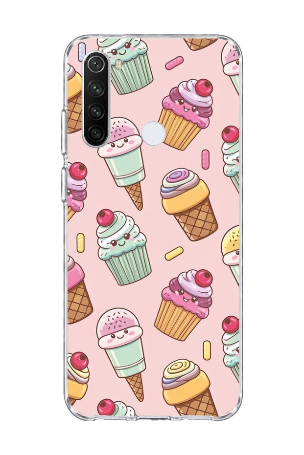 Redmi Note 8 Compatible Ice Cream Cake Pink Printed Transparent Phone Case