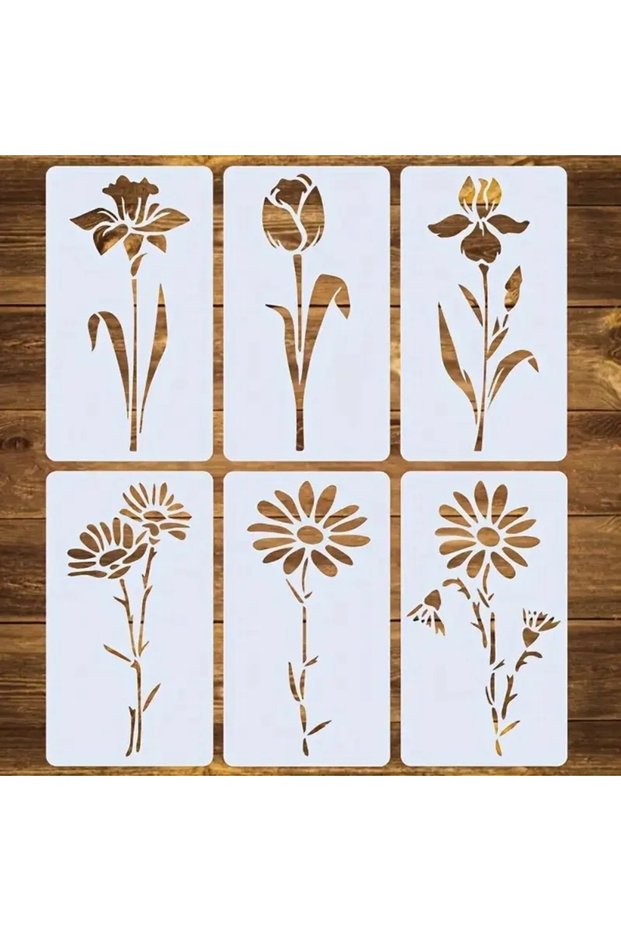6pcs Reusable Single Flower Stencil Set Modern Floral Design PET Painting Templates for DIY on Wood