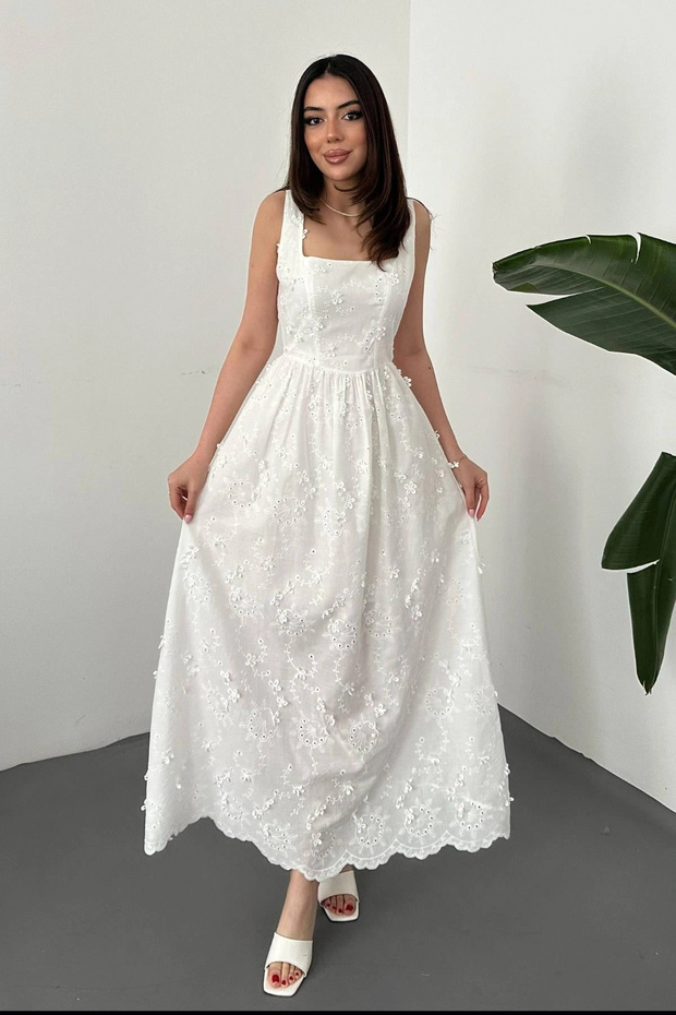 Women's White Square Collar Thick Strap Scallop Brode Embroidered Flared Skirt Long Maxi Cotton Dress
