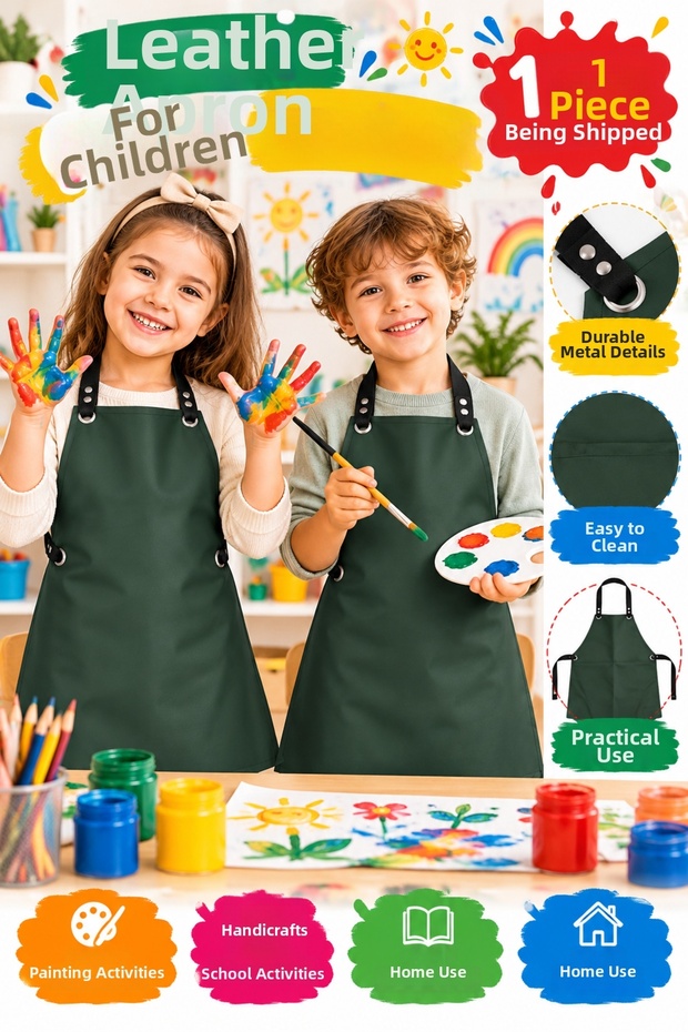 Khaki Leather Children's Apron – Standard Size – for Painting, Coloring, and Craft Activities