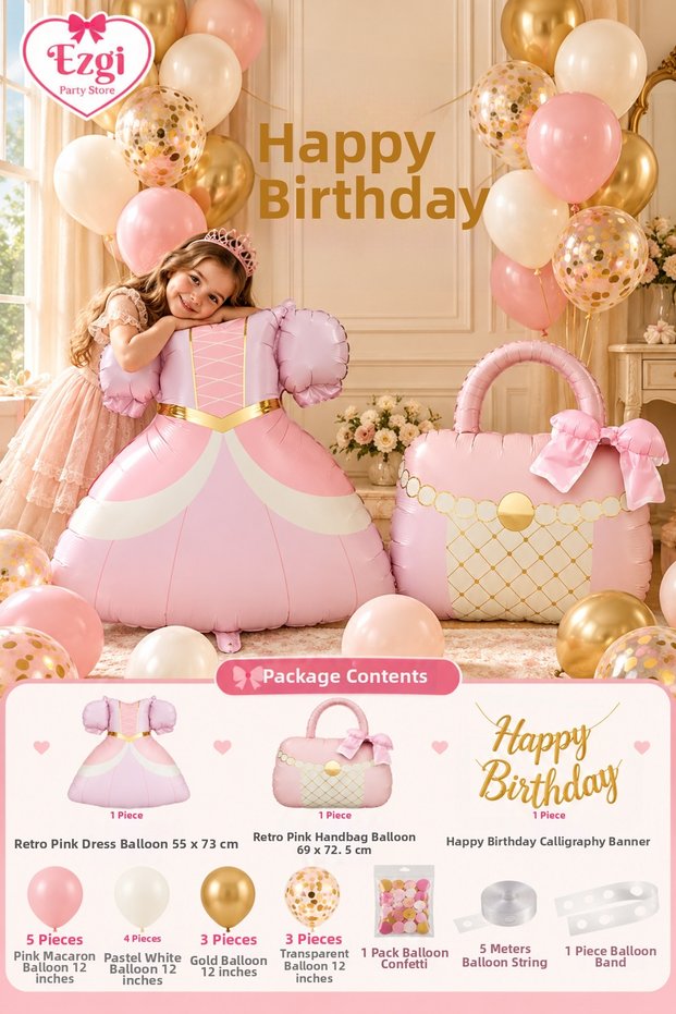 Retro Pink Girl's Birthday Concept Dress Bag Foil Balloon Party Decoration Celebration Set