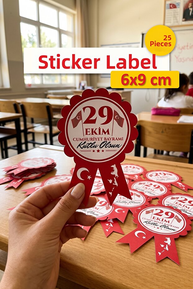 29 October Republic Day Kokart Adhesive Label Sticker 6X9 cm - 25 Pieces School and Classroom Celebration Label 0013