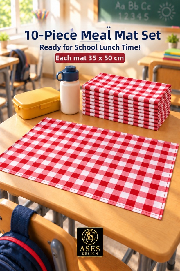 Pack of 10 Washable Lunch Mats 35X50 cm Red and White Checkered – Kindergarten and Primary School